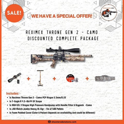 Reximex Throne Gen 2 - Camo PCP Airgun 5.5mm/0.22 Discounted Package